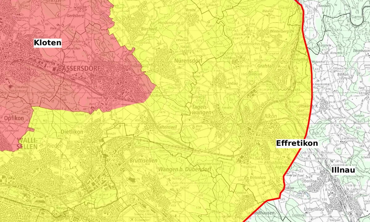 Effretikon, Bietenholz und Bisikon liegen ab dem 1. Juni in der Pufferzone (gelb). Das dort geltende Regime ist nicht ganz so streng wie im eigentlichen Befallsherd (rot). Karte von der Pufferzone rund um Kloten inklusive Effretikon